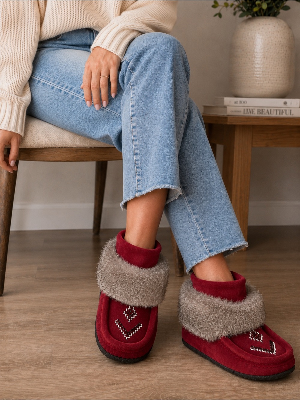 Laurentian Chief Burgundy Ankle Suede Waterproof Moccasins Mukluks Rubber Sole